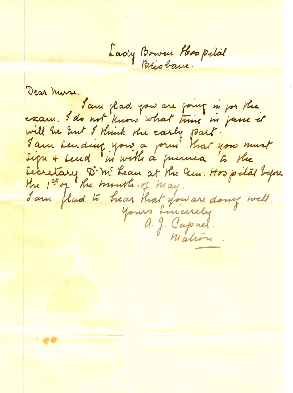 Letters to Louisa Linning regarding employment at the Lady Bowen Hospital, John Flynn's hospital and the Ipswich General Hospital, Ipswich, c.1912