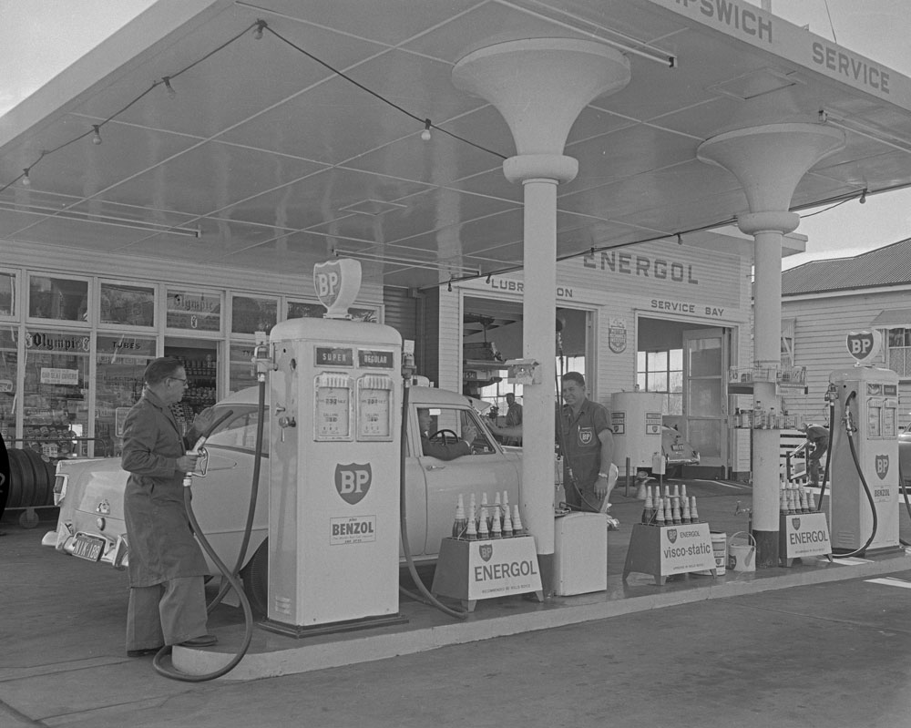 Staff at Eric Townsley's BP Service Station, Brisbane Road, East Ipswich, 1961