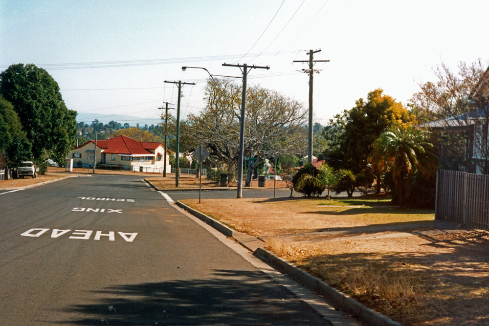 View along Cribb Street showing Real's Park on right, Sadliers Crossing, Ipswich, 1991