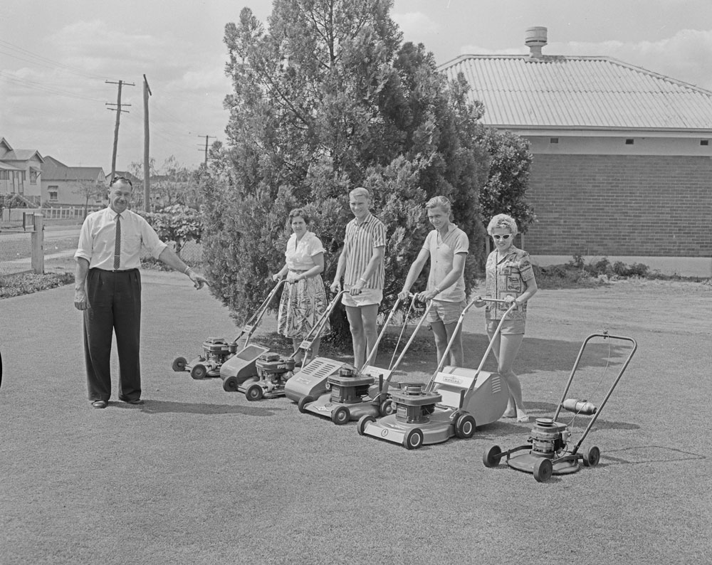 Rover lawn mower display, Griffiths Mowers, Booval, Ipswich, 1963