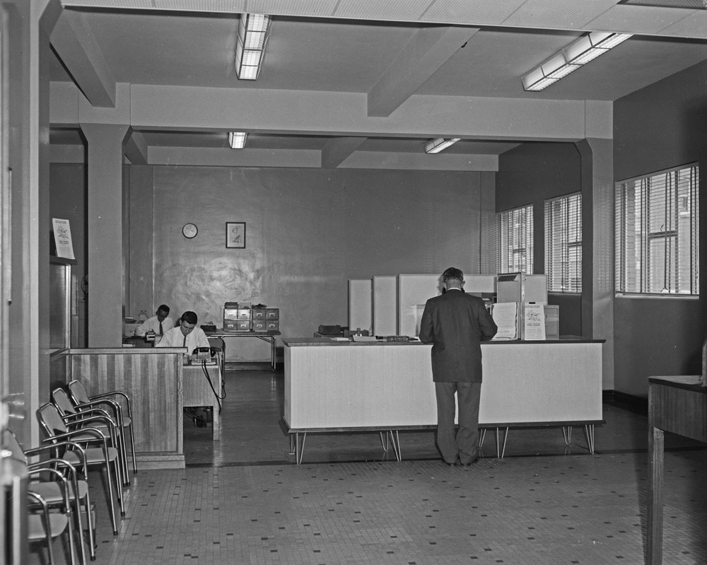 Interior of Commonwealth Employment Service, staff, corner of Brisbane and East Streets, Ipswich, 1963