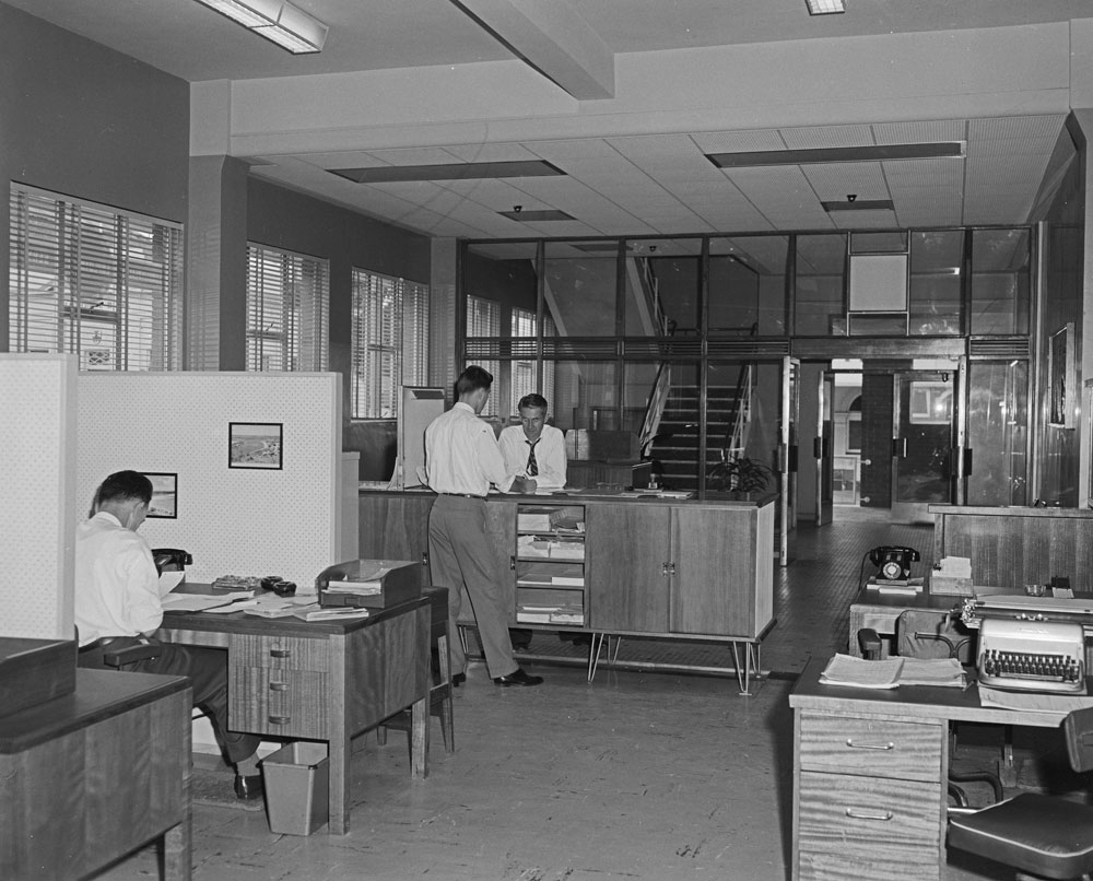 Interior of Commonwealth Employment Service, staff, corner of Brisbane and East Streets, Ipswich, 1963