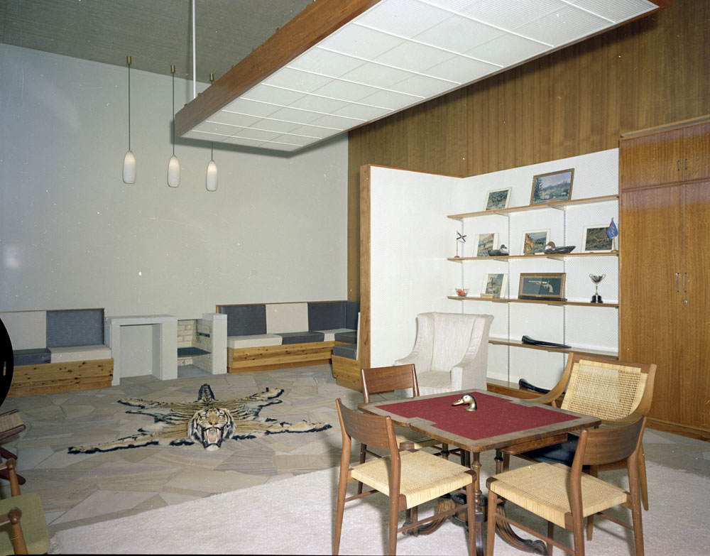 Games room with tiger skin rug,  John McQueen's residence, Edwards Street, Raceview, Ipswich, 1963