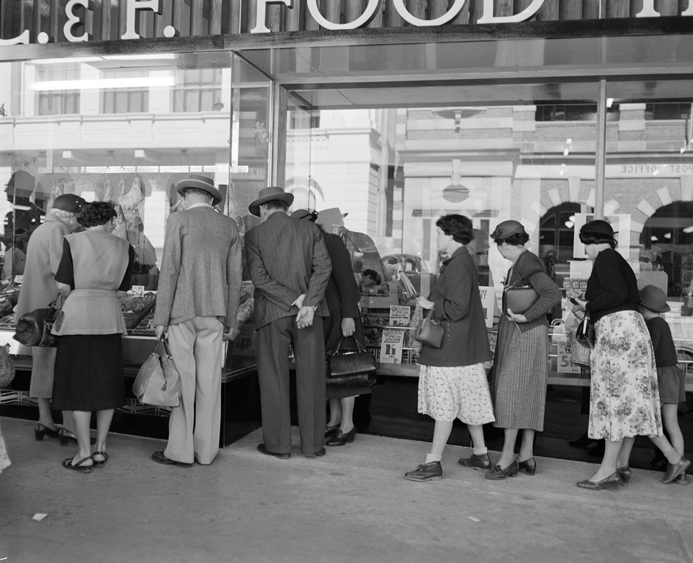 People outside Cribb &amp; Foote Food Hall during opening, Ipswich, 1940s