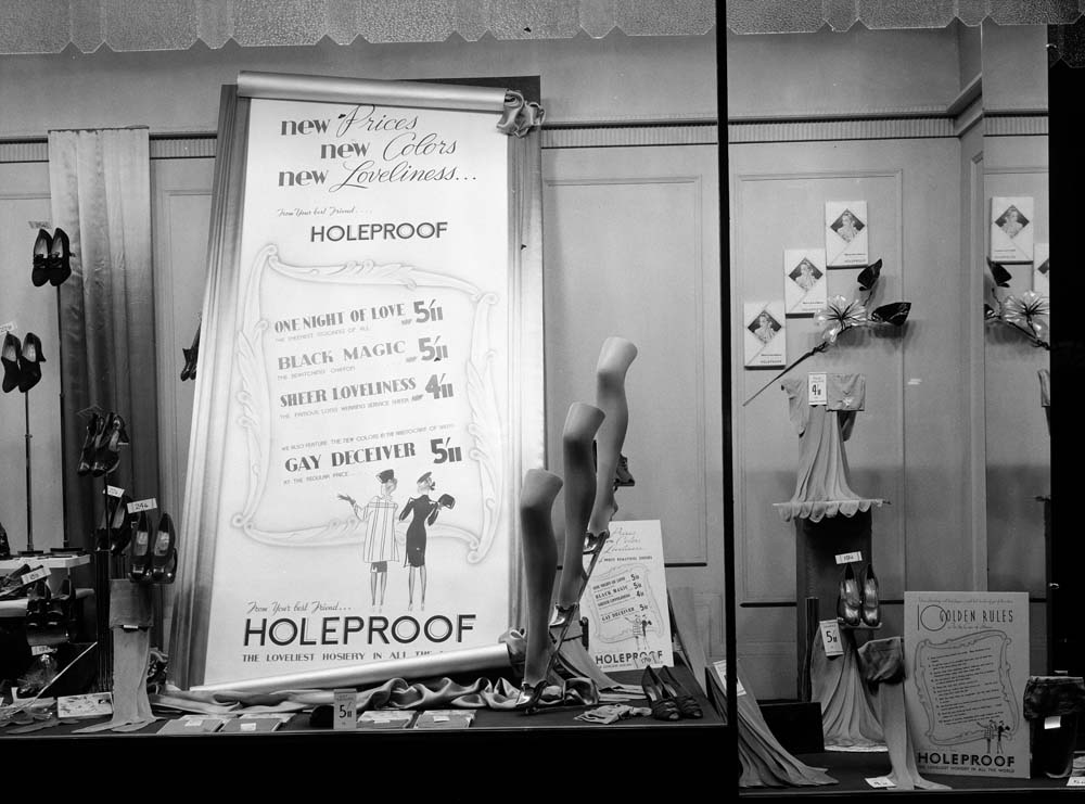Cribb &amp; Foote Department Store window display of  Holeproof Stockings, Ipswich,  1930s