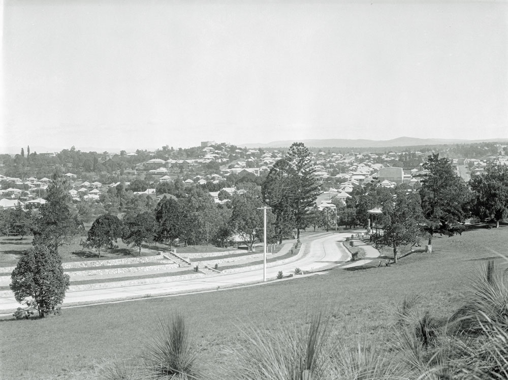 View of Ipswich from Queens Park with band rotunda in centre, Ipswich, 1930s