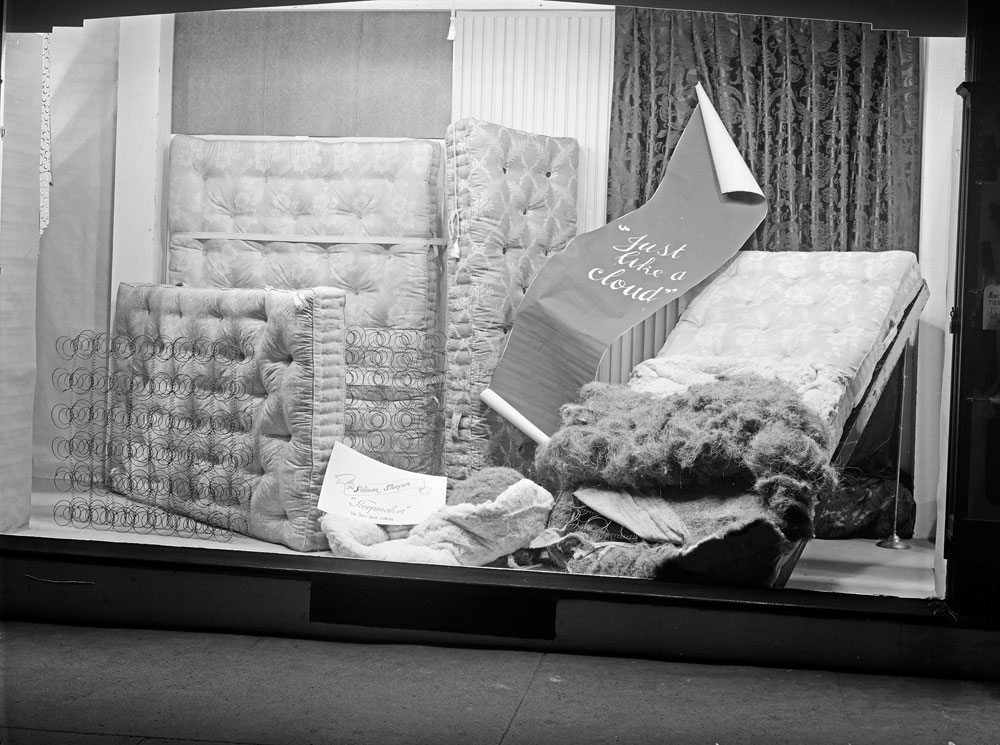 Sleepmaker mattress display in unidentified shop window, Ipswich, c.1950