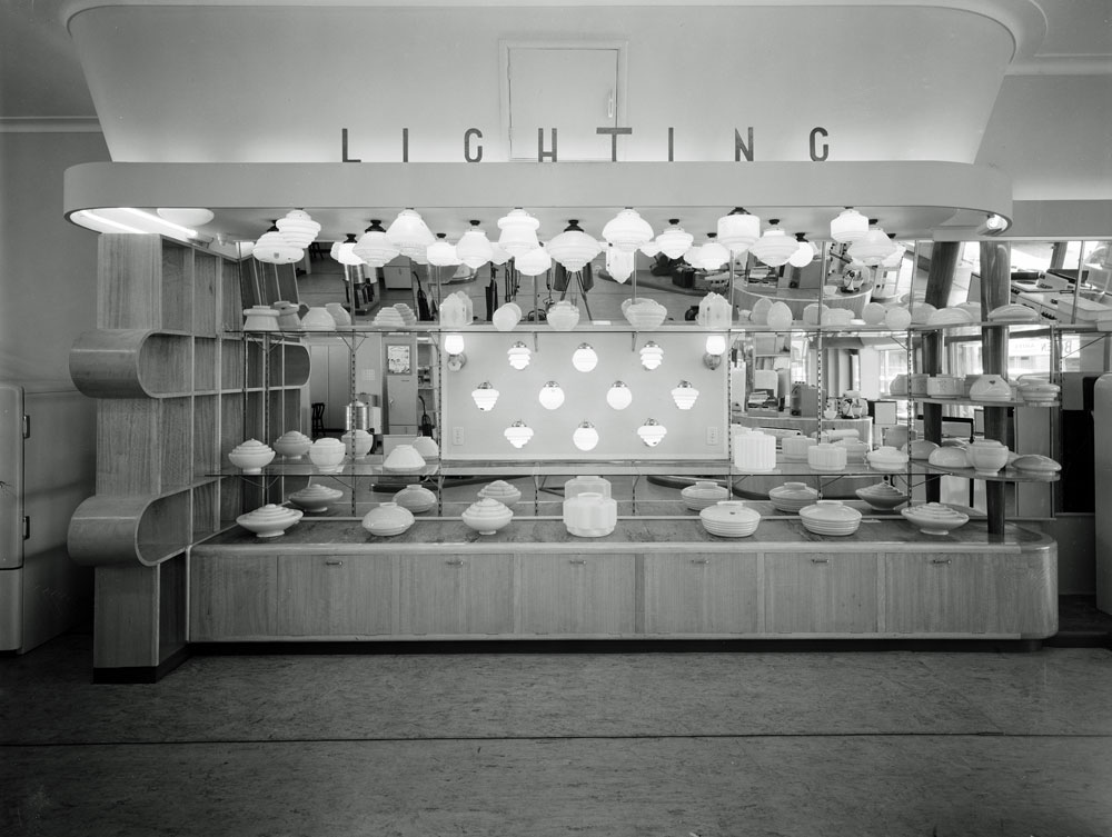 Interior display of lighting in the City Electric Light Company, Brisbane Street, Ipswich, 1951