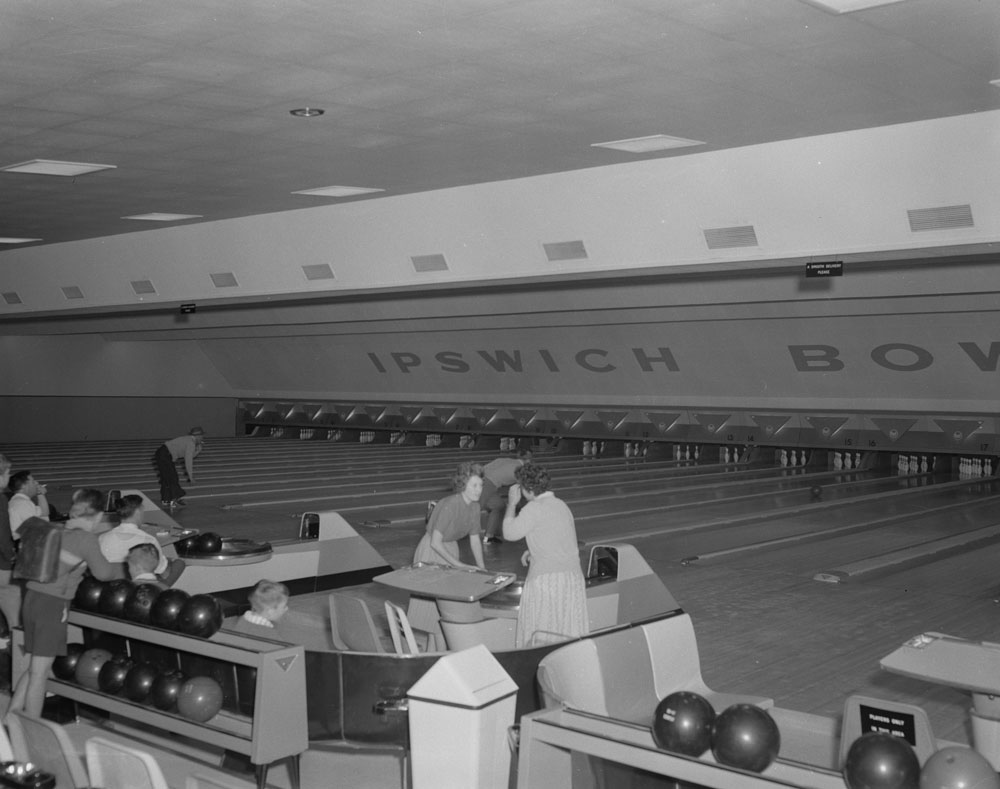 Ipswich Bowling Alley lanes, corner Brisbane and Thorn Streets, Ipswich, 1963