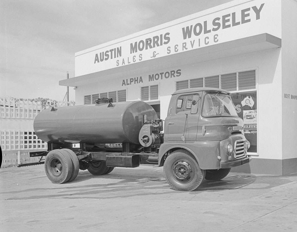 Morris Water Truck at Alpha Motors, cnr Brisbane &amp; Gordon Streets, Ipswich, 1963