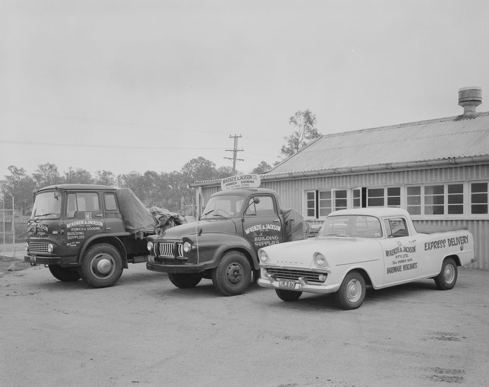 Mckenzie and Jackson fleet trucks, Goodna store, warehouse, Goodna, Ipswich, 1963
