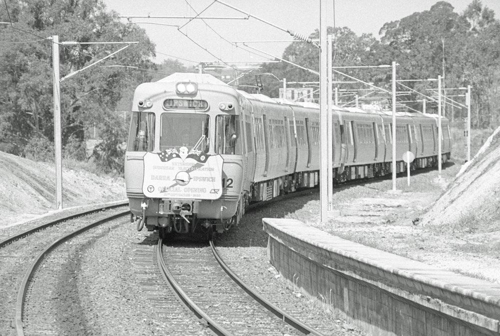 Electric train on the Darra to Ipswich train line, Ipswich, 1980