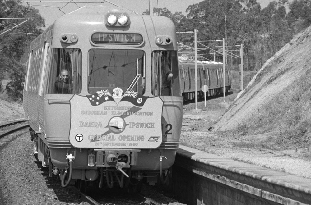 Electric train on the Darra to Ipswich train line, Ipswich, 1980