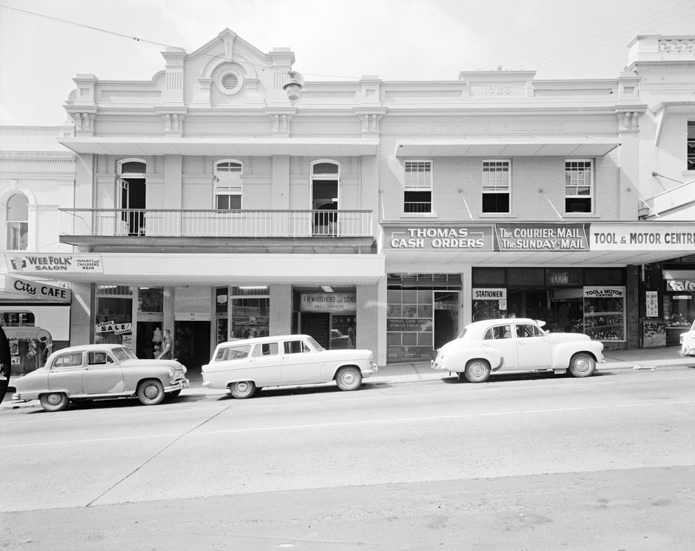 Brisbane Street streetscape of F. A. Whitehead Studio and Stephens Building after modernisation, Ipswich, 1959