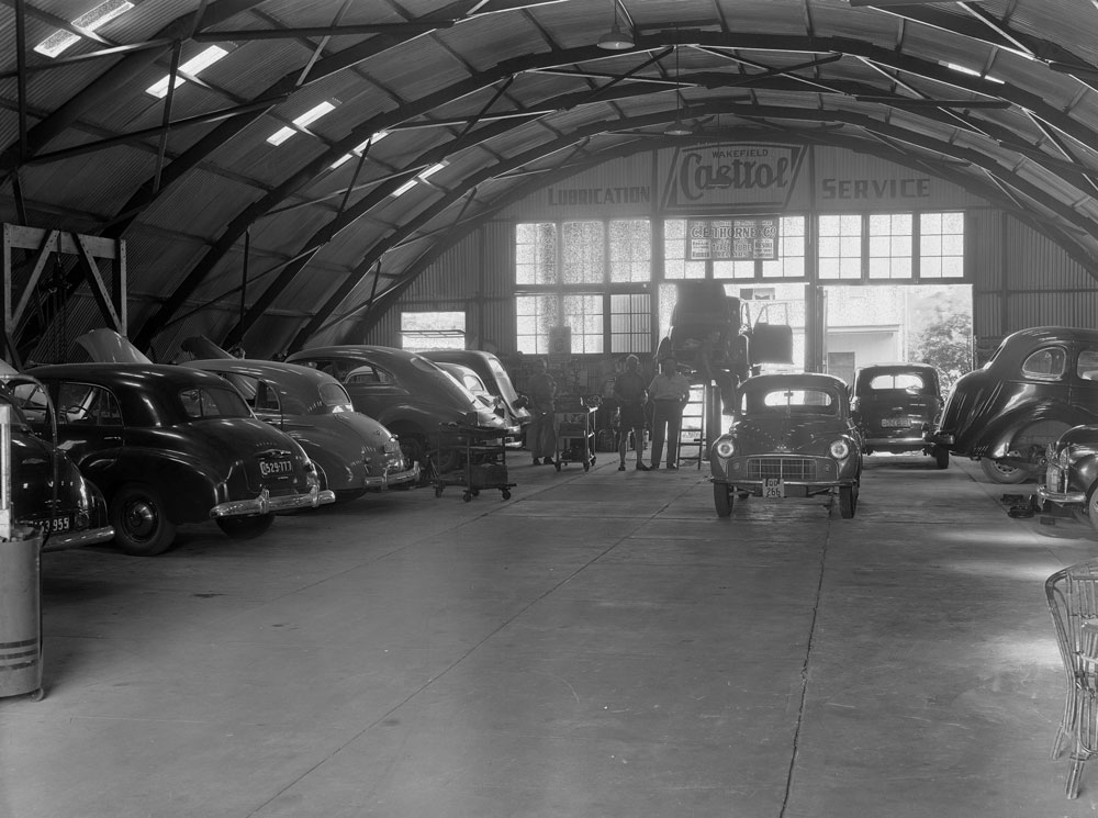 Interior of C E Thorne &amp; Co Garage in Bell Street, Ipswich, 1951