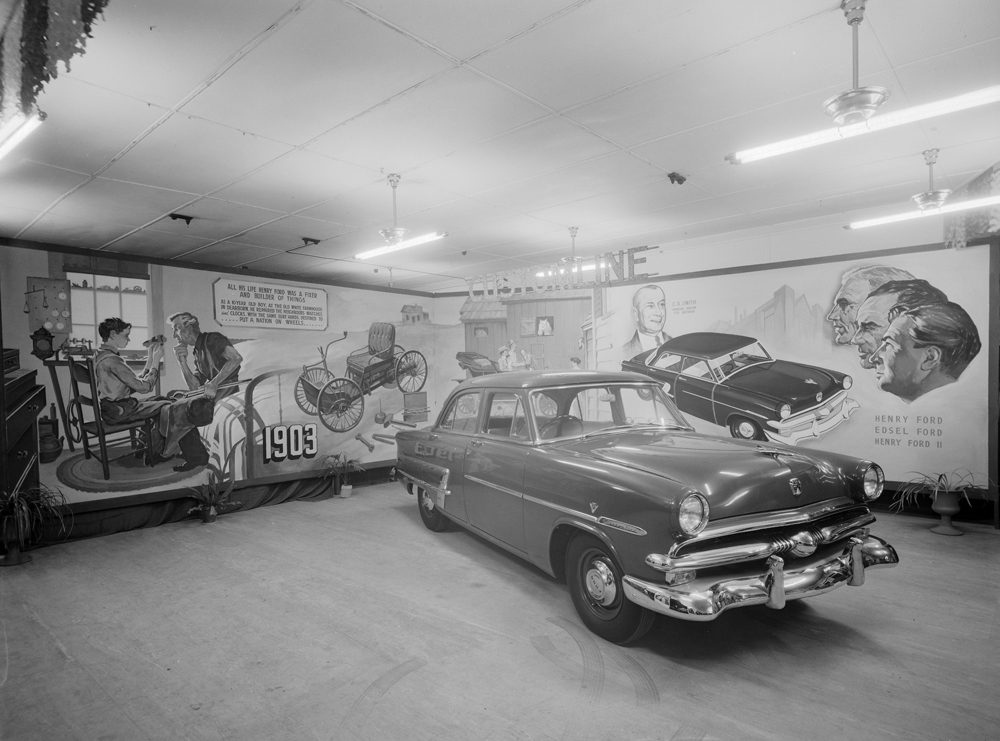 Modern Motors, 50 years of Ford display, corner of Gordon and Brisbane Streets, Ipswich, 1953