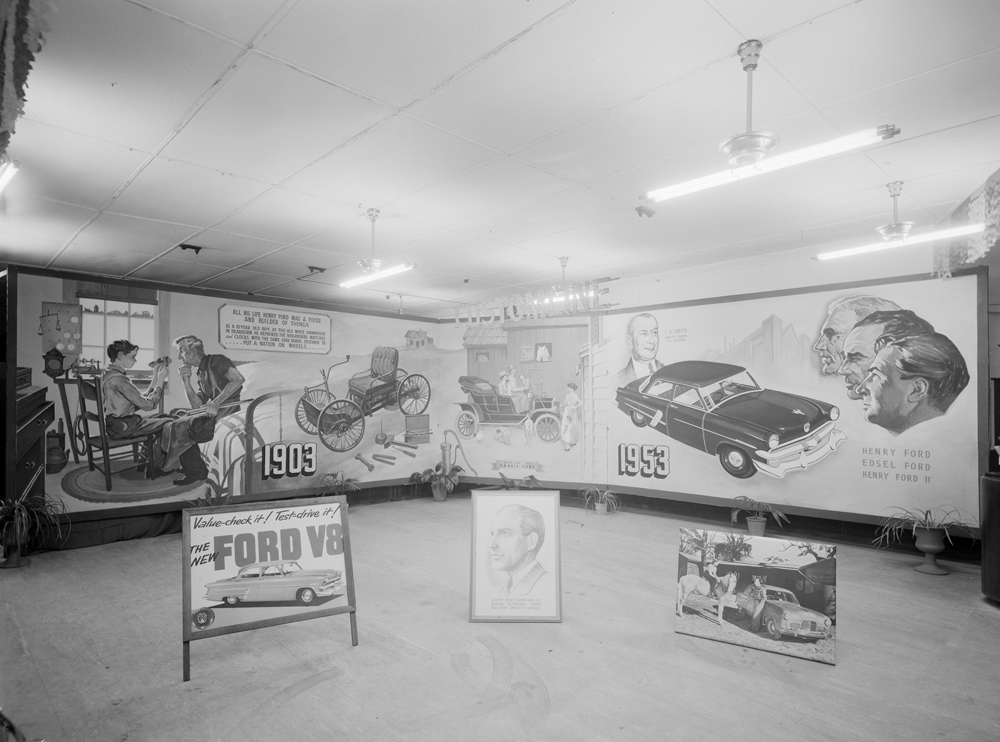 Modern Motors, 50 years of Ford, corner Gordon and Brisbane Streets, Ipswich, 1953