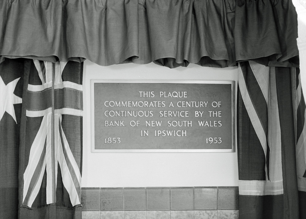 Plaque commemorating the centenary of The Bank of New South Wales in Ipswich, 1953