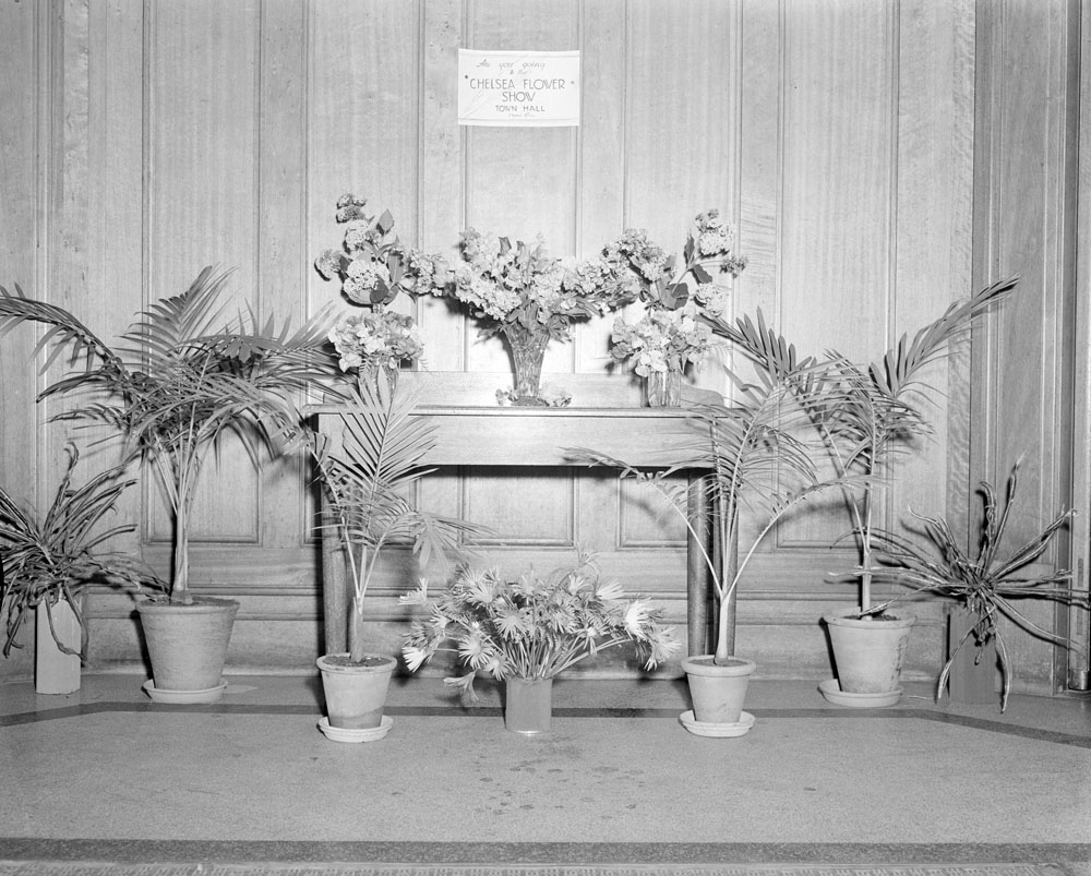Commonwealth Bank interior flower display , corner Brisbane and Nicholas Streets, Ipswich, 1955