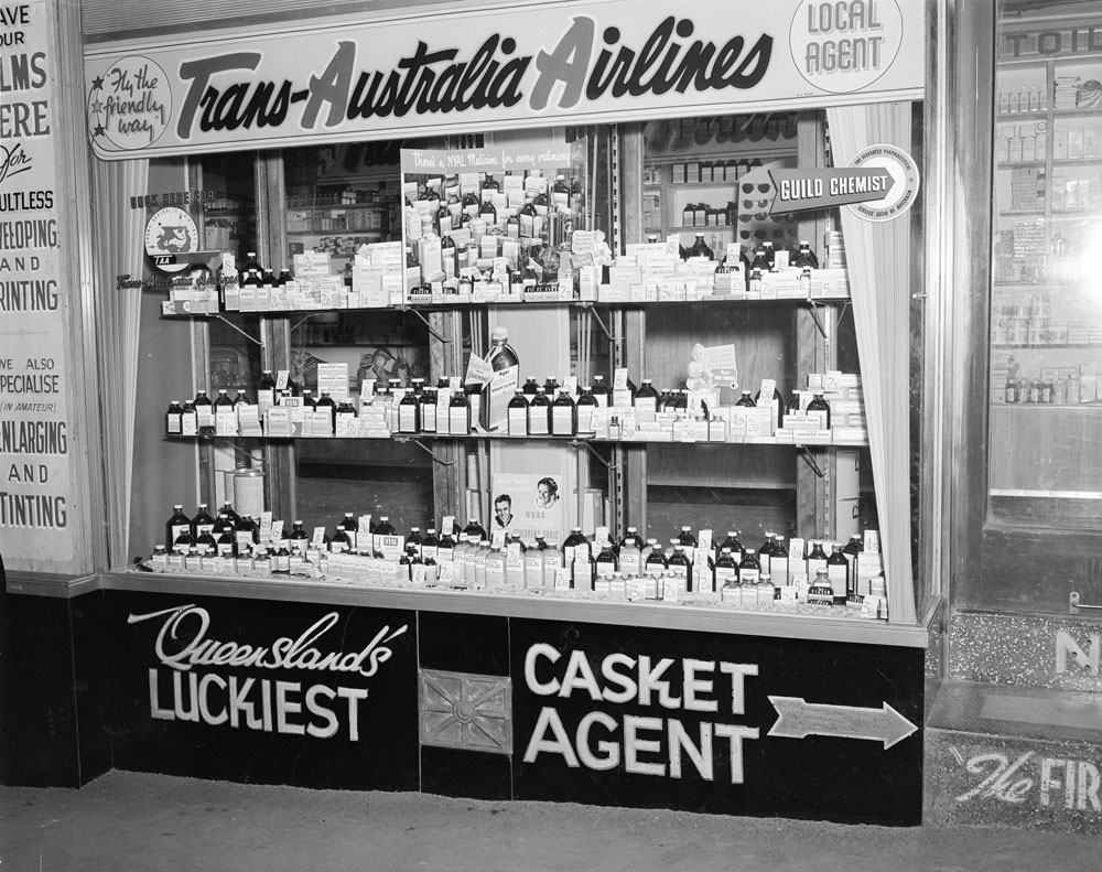 Nolan's Pharmacy window display, Ipswich, 1955