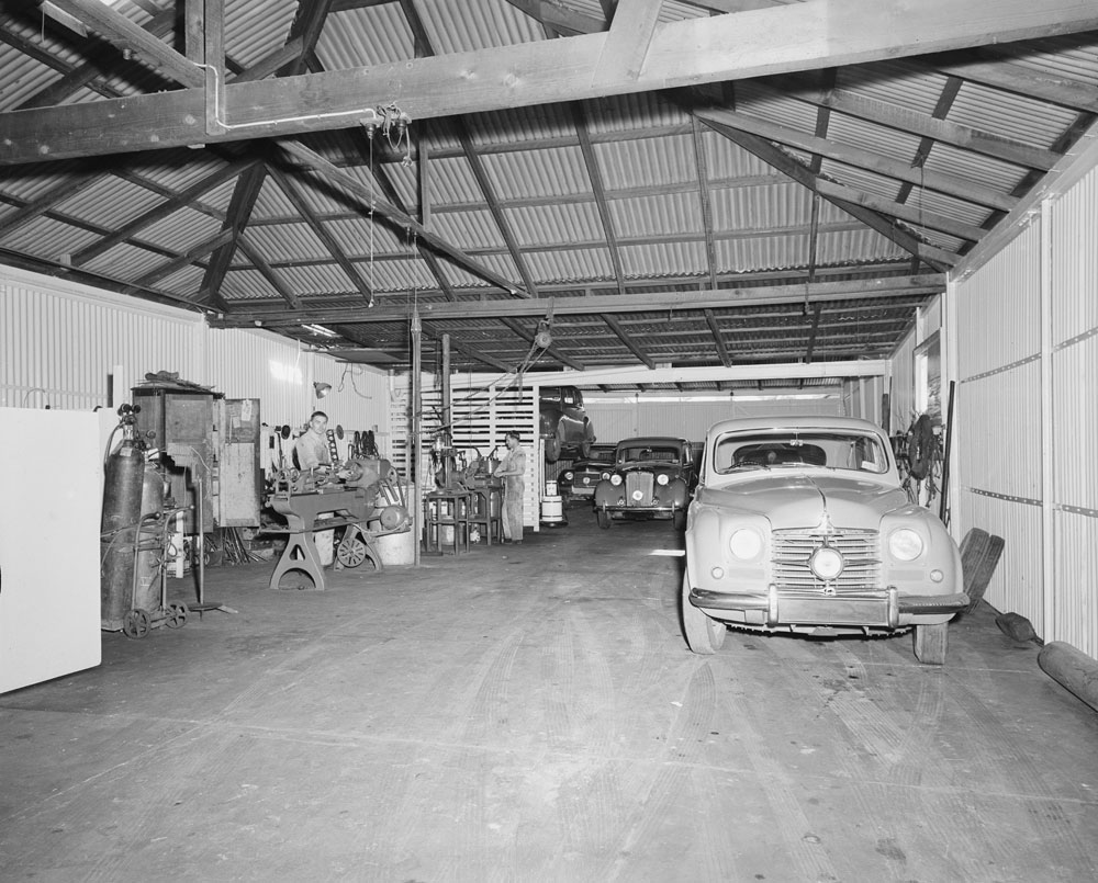 Interior of Peter Whitehead Garage, East Street, Ipswich, 1956