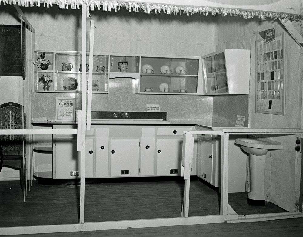 E.C. Ingram, furniture maker, display stand at Ipswich Show, Ipswich, 1957