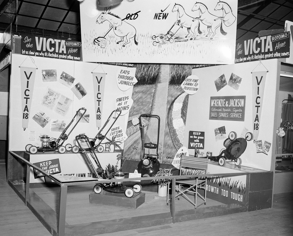 McKenzie and Jackson Ipswich Show Display of Victor Rotomo lawn mowers, Ipswich Show, Ipswich, 1957