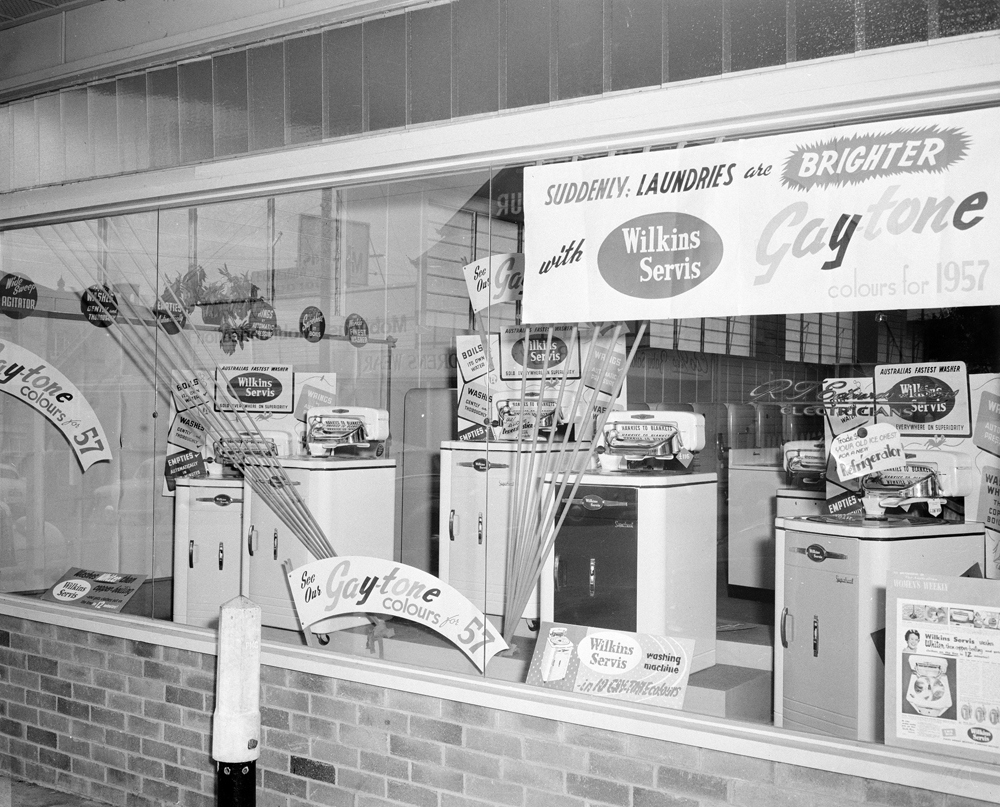 R T Edwards &amp; Sons window display of Wilkins Servis washing machines, Ipswich, 1957