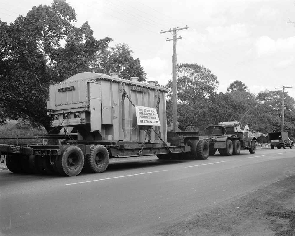 Southern Electric Authority of Queensland Transformer en route to Postman's Ridge via Limestone Hill, (currently Queen Victoria Parade), Ipswich, 1957