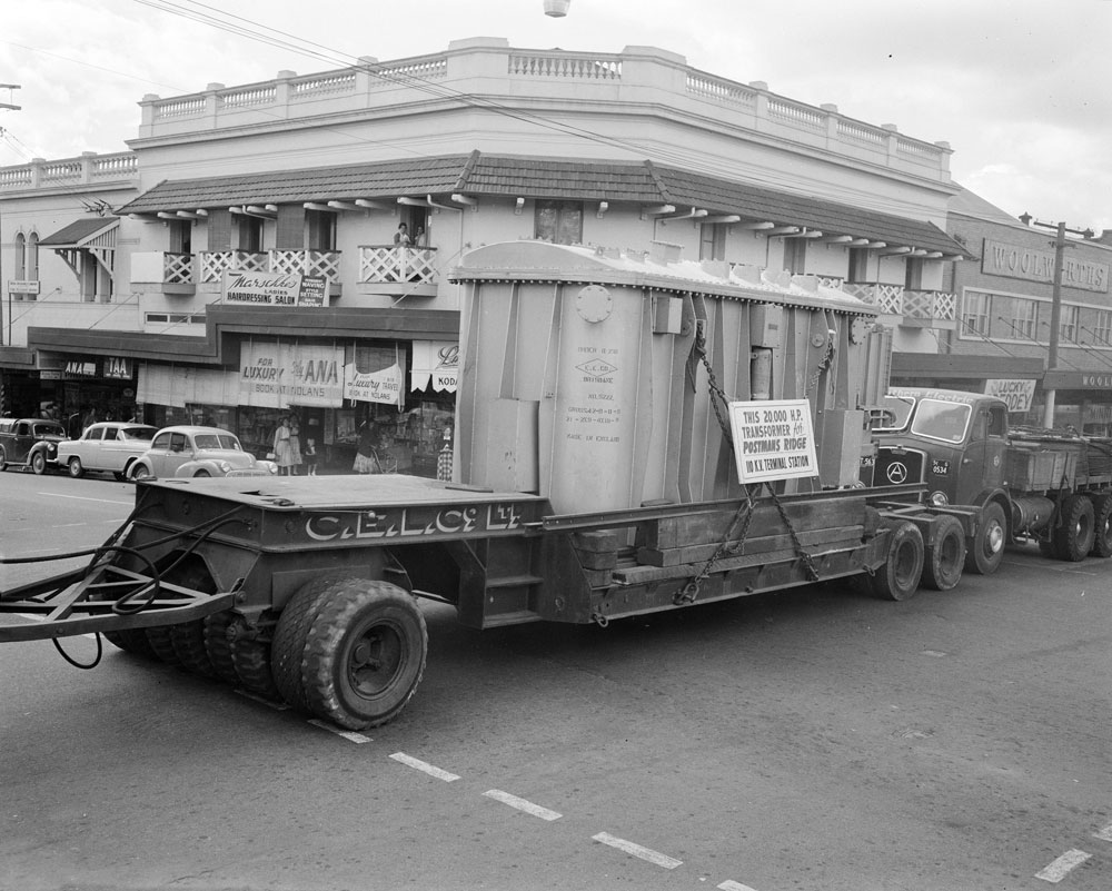 Southern Electric Authority of Queensland Transformer en route to Postman's Ridge via Brisbane Street, Ipswich, 1957