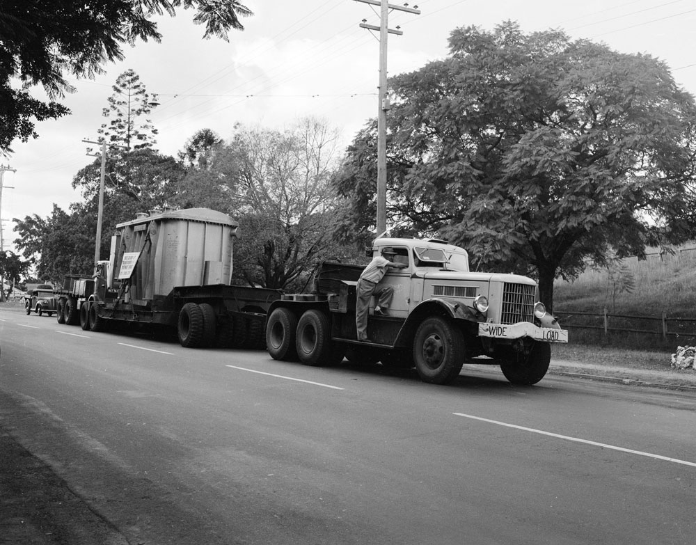 Southern Electric Authority of Queensland Transformer en route to Postman's Ridge via Limestone Hill, (currently Queen Victoria Parade), Ipswich, 1957