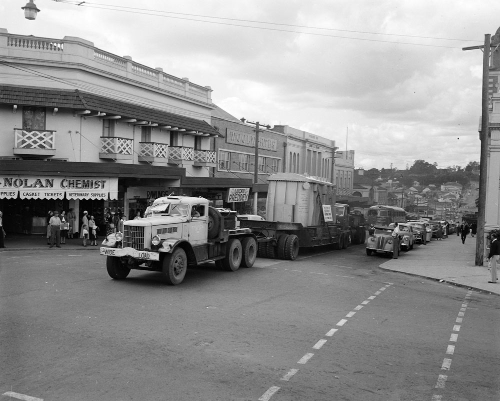 Southern Electric Authority of Queensland Transformer en route to Postman's Ridge via Brisbane Street, Ipswich, 1957