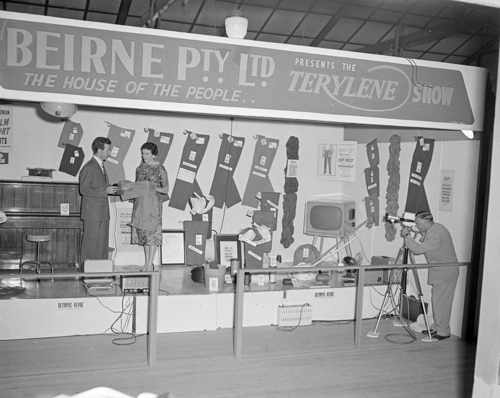 Filming of The Terylene Show, Beirne Pty Ltd exhibition stand, Ipswich Show, Ipswich, 1958