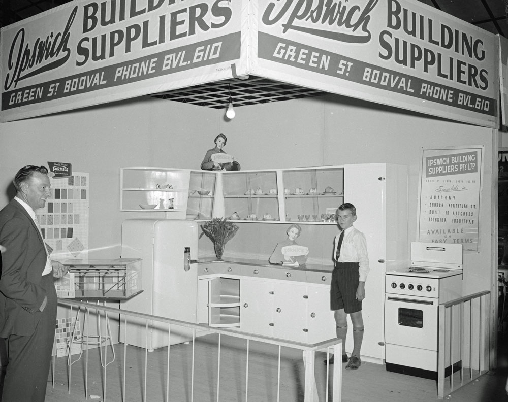 School boy at the Ipswich Building Suppliers display, Ipswich Show, Ipswich, 1958