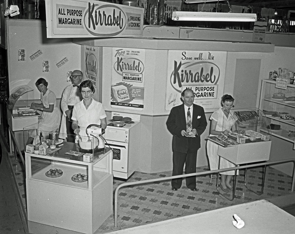 Staff at the Kirrabel All Purpose Margarine display, Ipswich Show, Ipswich, 1958