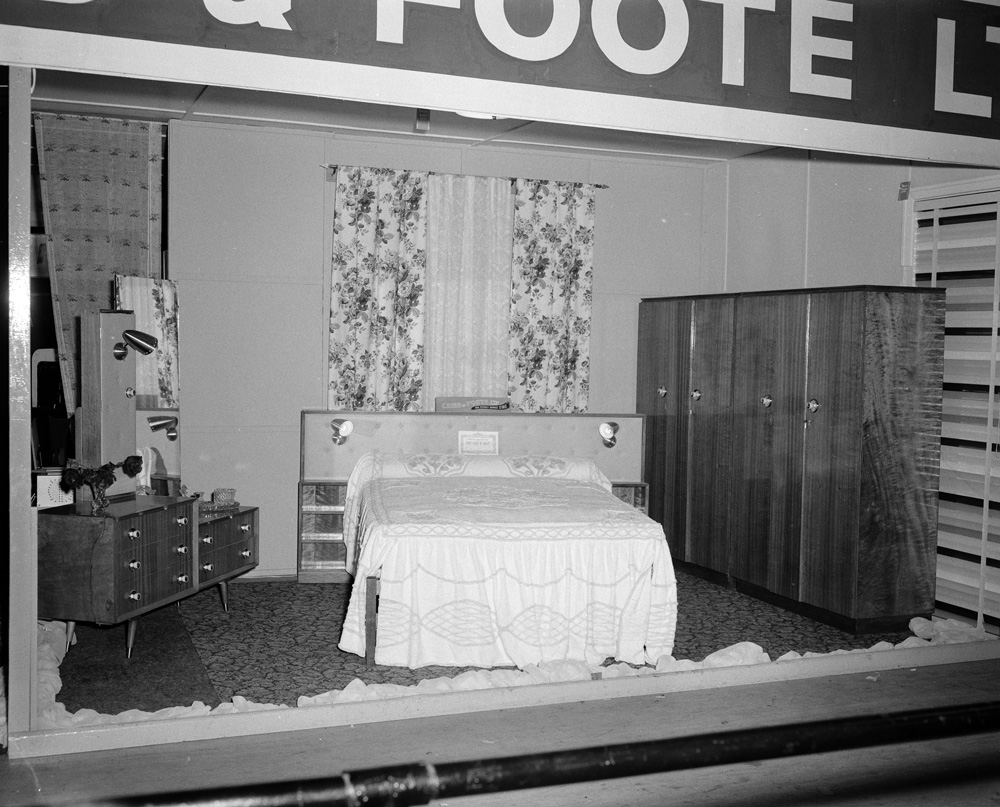 Cribb and Foote Bedroom furniture display, Ipswich Show, Ipswich, 1958
