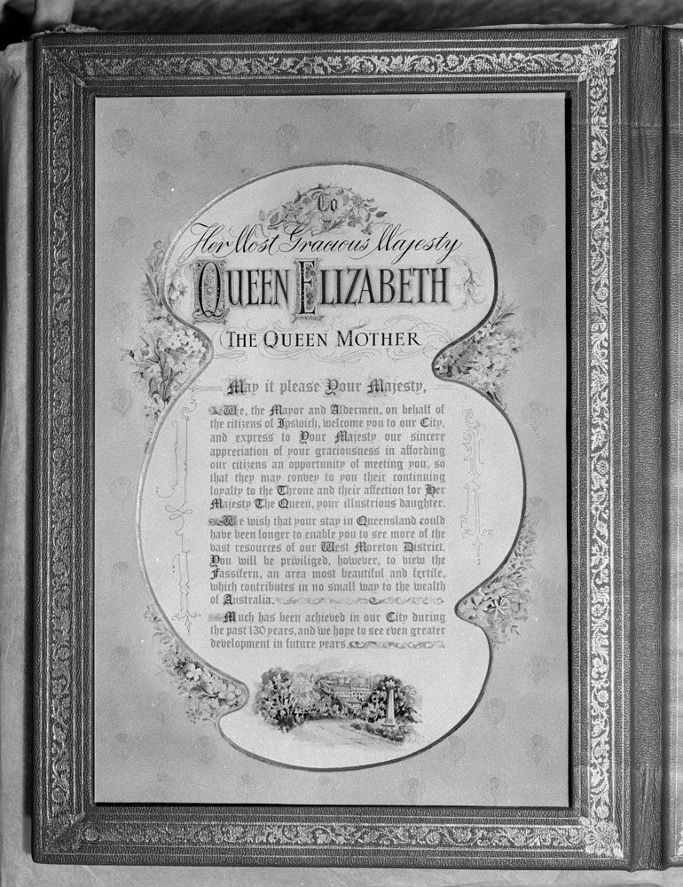 Framed illuminated address presented to the Queen Mother during her visit to Ipswich, 1958