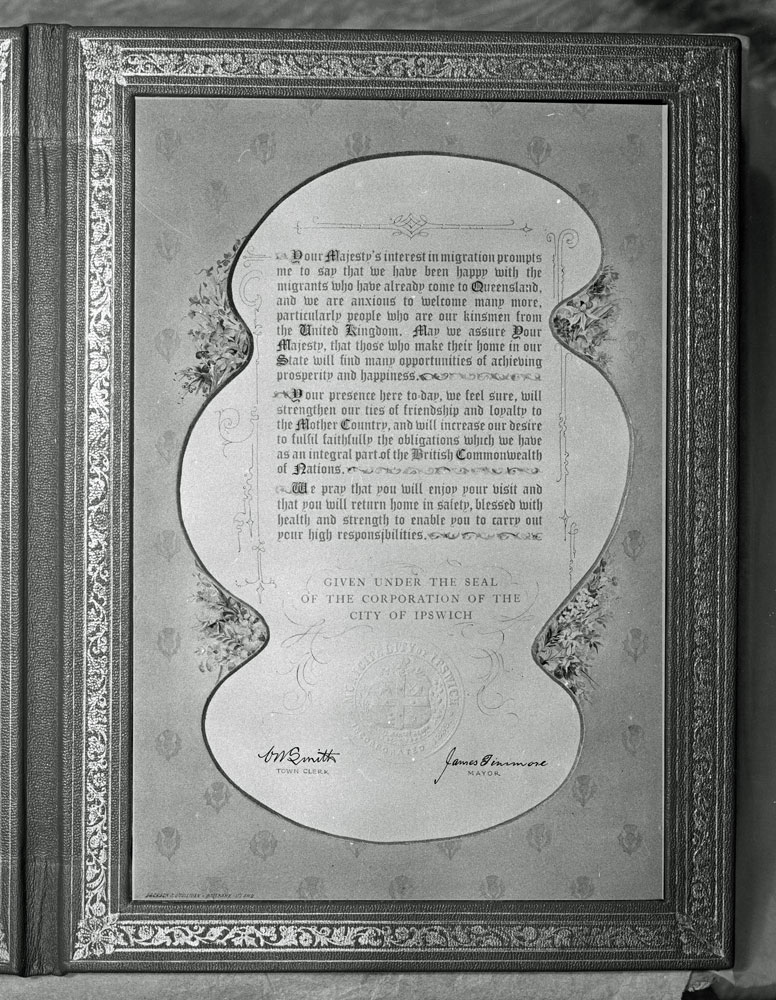 Framed illuminated address presented  to the Queen Mother during her visit  to Ipswich, 1958
