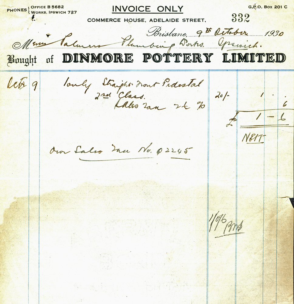 Invoice from Dinmore Pottery Limited, for Palmers Plumbing Works, Ipswich, 1930
