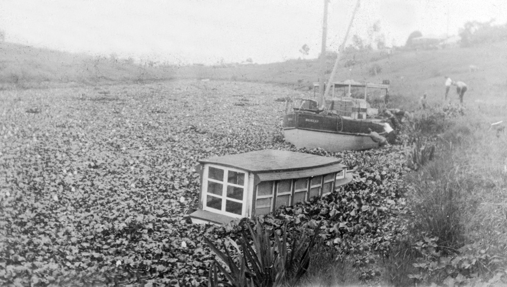 Eclipse (boat), with unidentified boat, Bremer River, Ipswich, 1936