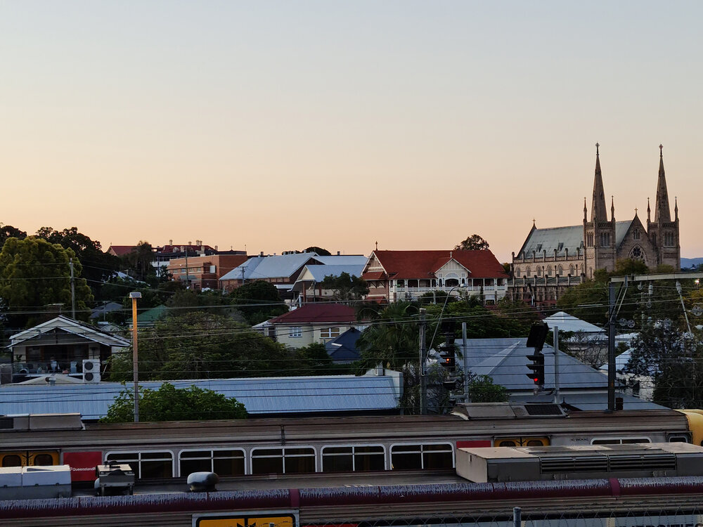 Panoramic view of Ipswich and Woodend, towards St Mary's Church, 2021