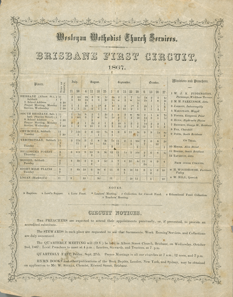 Wesleyan Methodist Church Services for Brisbane First Circuit, Brisbane, 1867