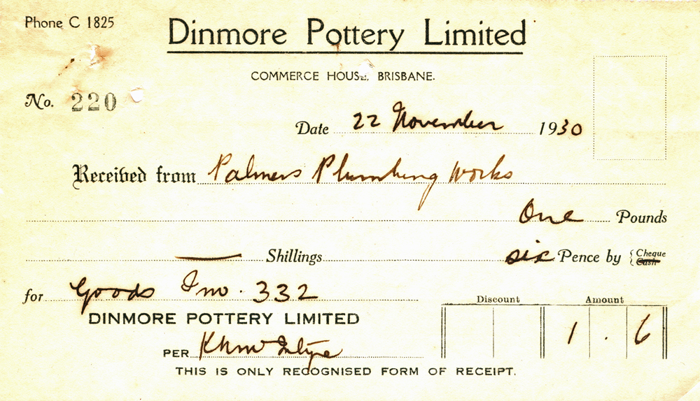 Receipt for Palmers Plumbing Works from Dinmore Pottery Limited, Brisbane 1930