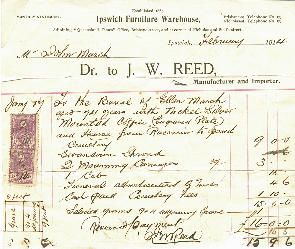 Statement from J. W. Reed, Undertaker, for burial of Ellen Marsh, Ipswich, 1914