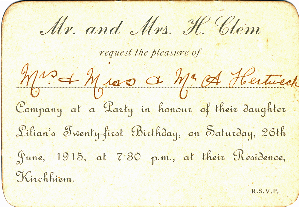 Invitation to the 21st birthday of Lilian Auguste Clem, (Kirchhiem), Haigslea, Ipswich, 1915