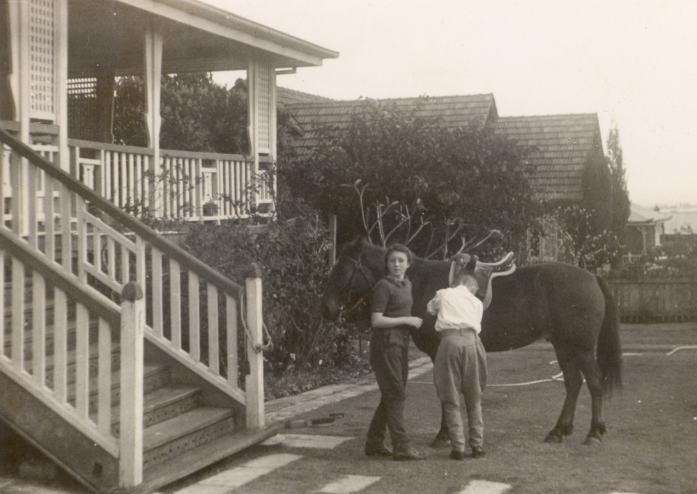 Elspeth and Donald Cameron with their pony, late 1940s