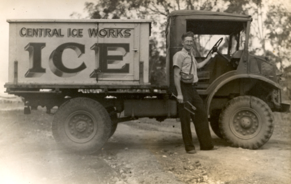 Max Horn with Central Ice Works truck, 1940s.