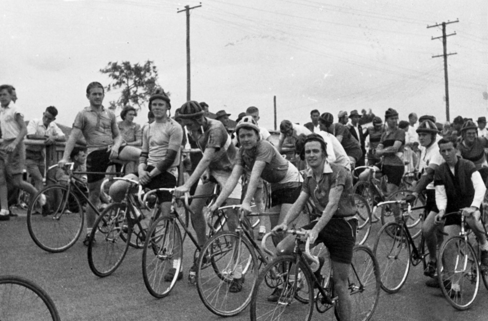 Cyclists at Bundamba cycle track, 1940s