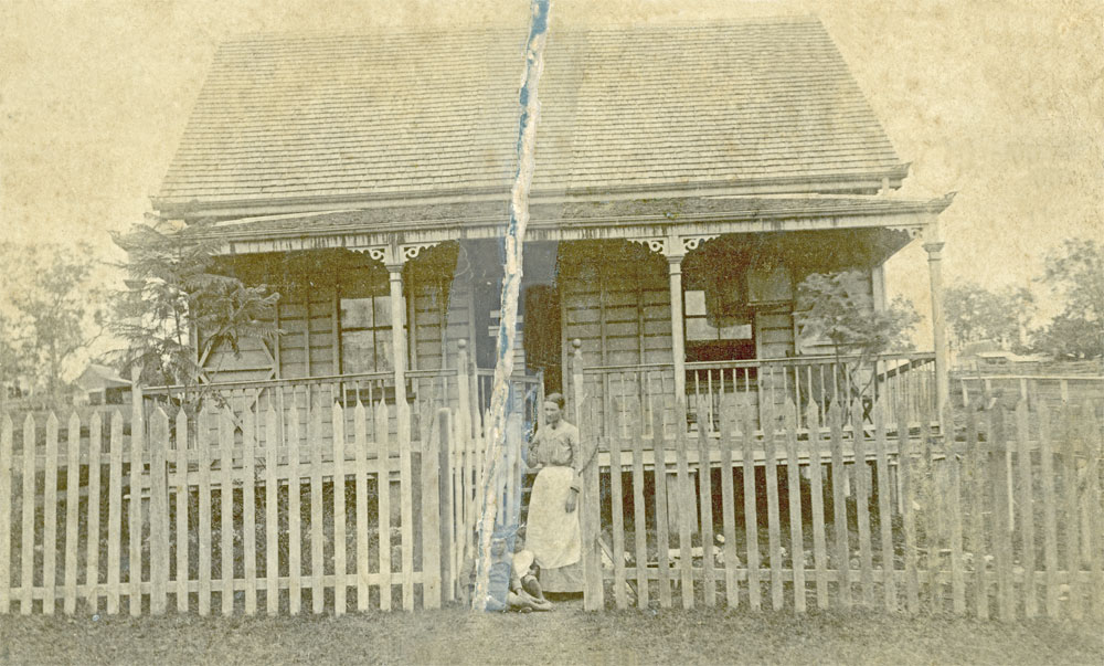 Mother with children in front of house, corner of Wildey and Cascade Streets, Raceview, Ipswich, c.1912