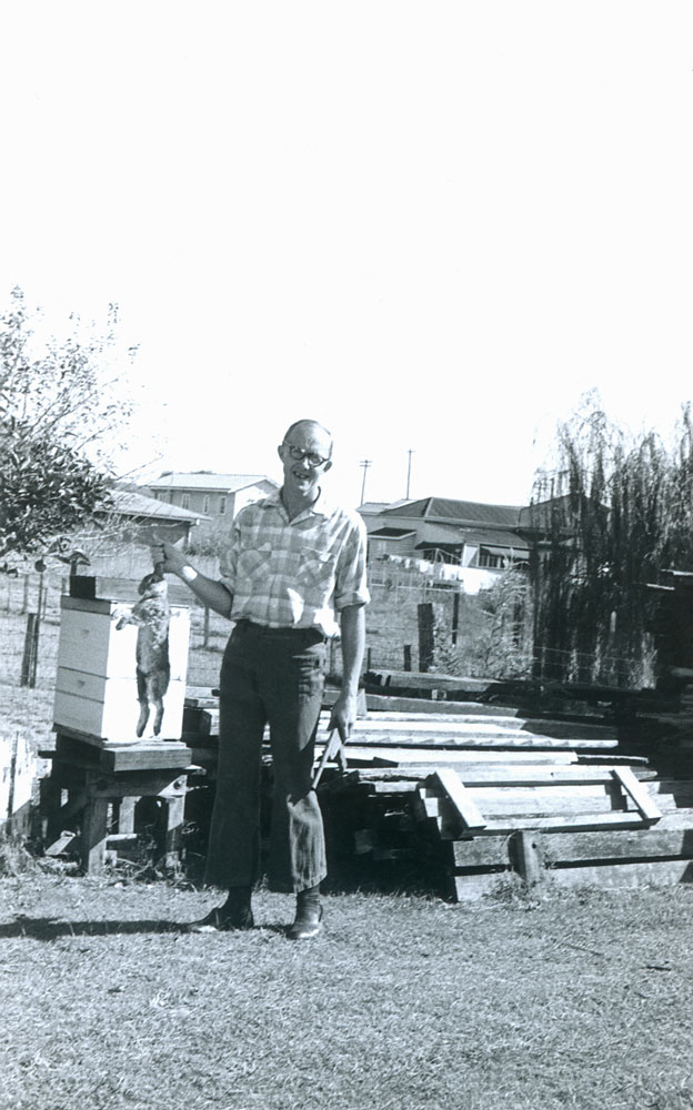 Frank Klein holding a dead rabbit, Bergin Street, Booval, Ipswich, 1973